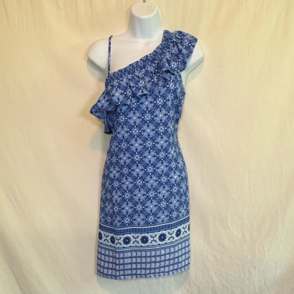Skies Are Blue Dresses & Skirts - H-73 Skies Are Blue White & Blue Asymmetric Ruffled Lined MIDI Dress Size 8‎